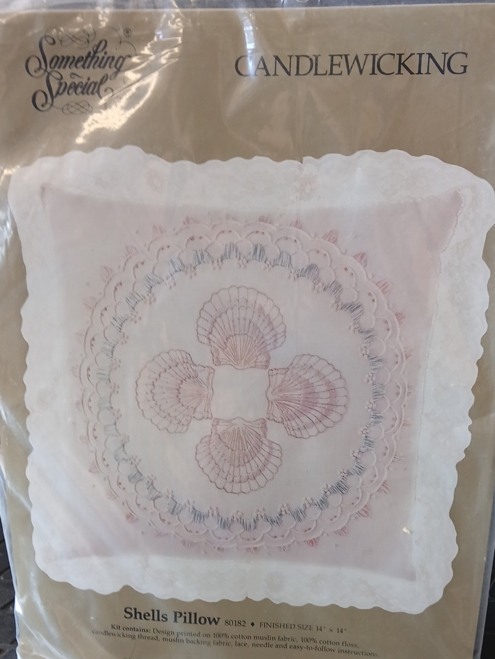 Candlewicking Shells Decorative Pillow - White with Pink Shell Motif